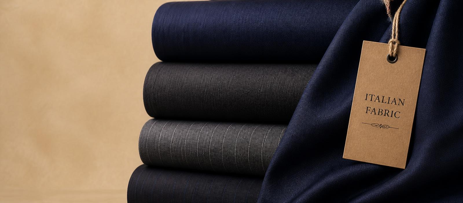 Stack of premium navy and charcoal wool suiting fabric with an Italian fabric tag